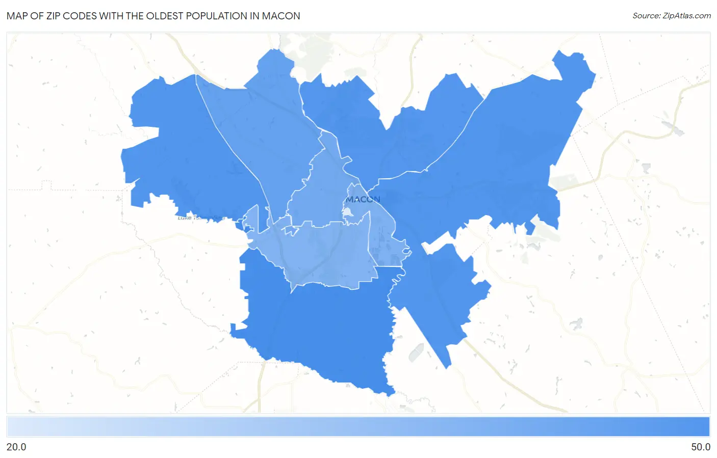 Zip Codes with the Oldest Population in Macon Map
