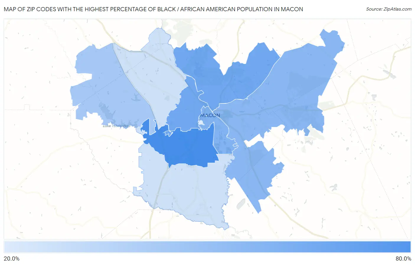 Zip Codes with the Highest Percentage of Black / African American Population in Macon Map