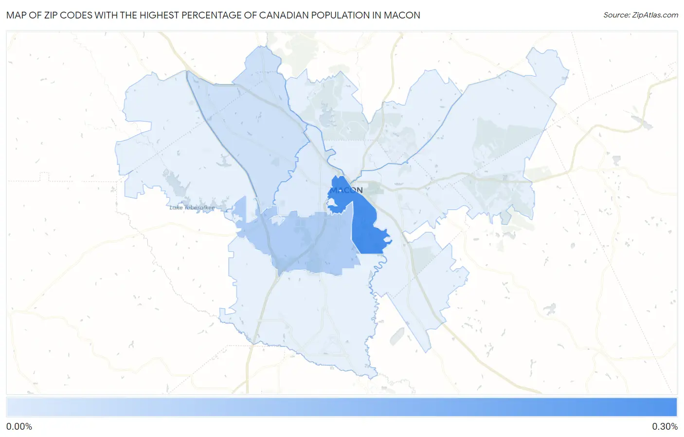 Zip Codes with the Highest Percentage of Canadian Population in Macon Map
