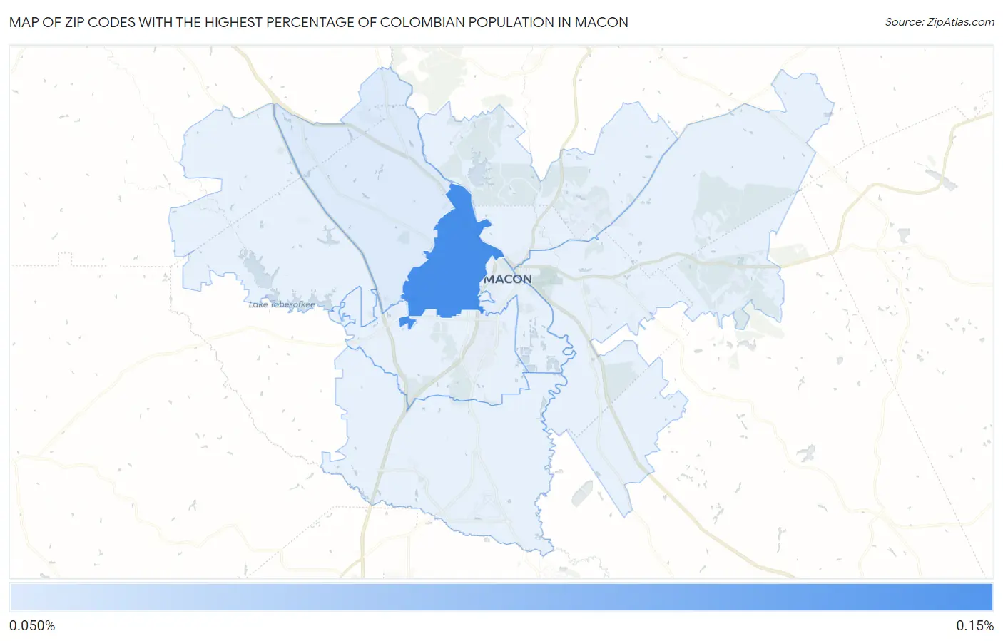 Zip Codes with the Highest Percentage of Colombian Population in Macon Map