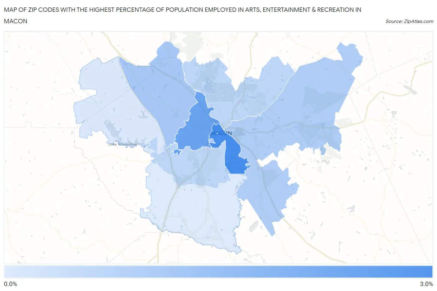 Zip Codes with the Highest Percentage of Population Employed in Arts, Entertainment & Recreation in Macon Map