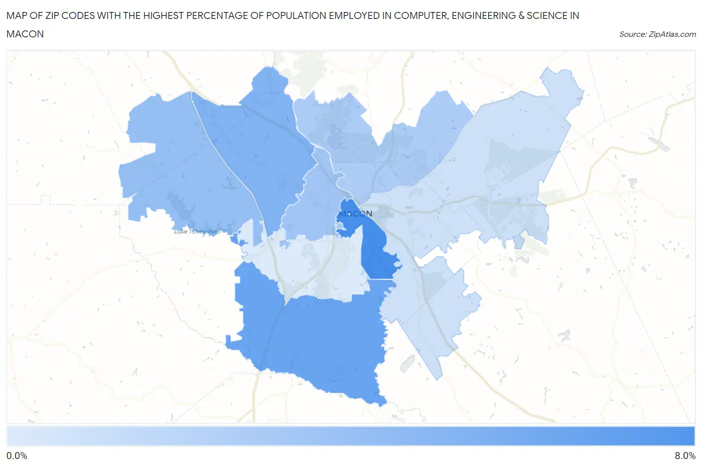 Zip Codes with the Highest Percentage of Population Employed in Computer, Engineering & Science in Macon Map