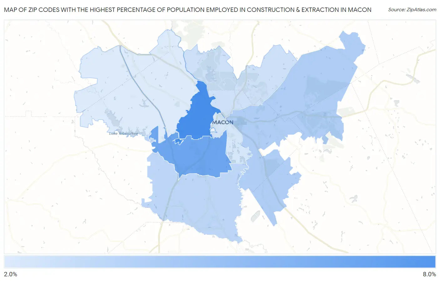 Zip Codes with the Highest Percentage of Population Employed in Construction & Extraction in Macon Map
