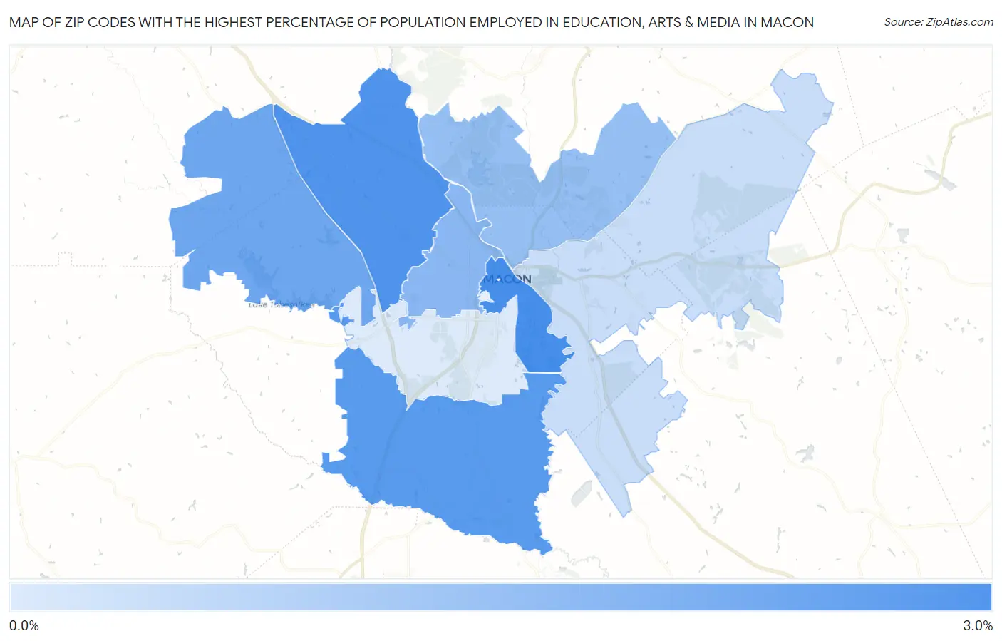 Zip Codes with the Highest Percentage of Population Employed in Education, Arts & Media in Macon Map