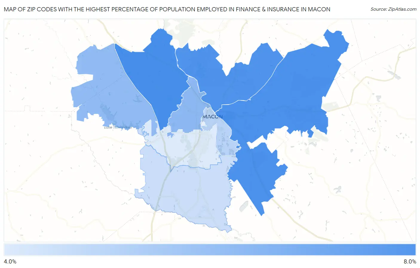 Zip Codes with the Highest Percentage of Population Employed in Finance & Insurance in Macon Map