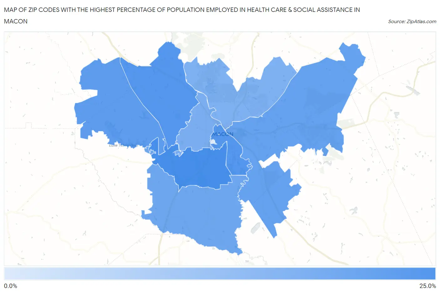 Zip Codes with the Highest Percentage of Population Employed in Health Care & Social Assistance in Macon Map