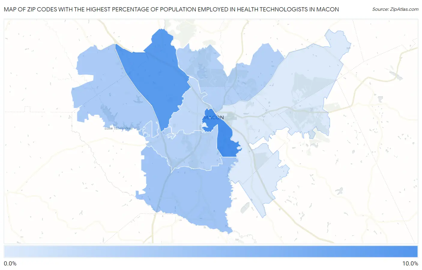 Zip Codes with the Highest Percentage of Population Employed in Health Technologists in Macon Map
