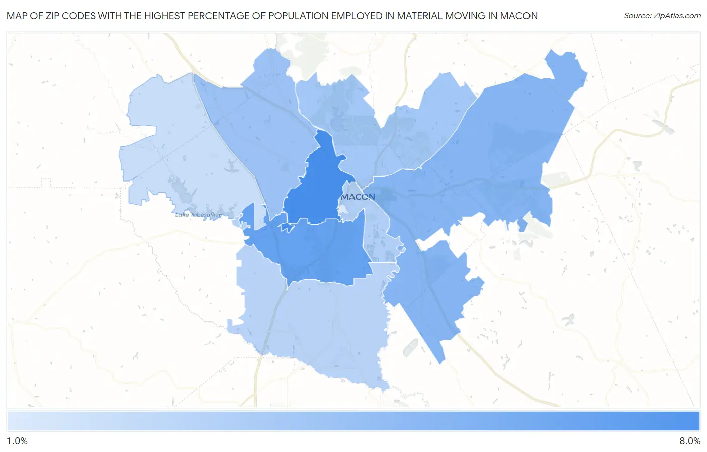 Zip Codes with the Highest Percentage of Population Employed in Material Moving in Macon Map