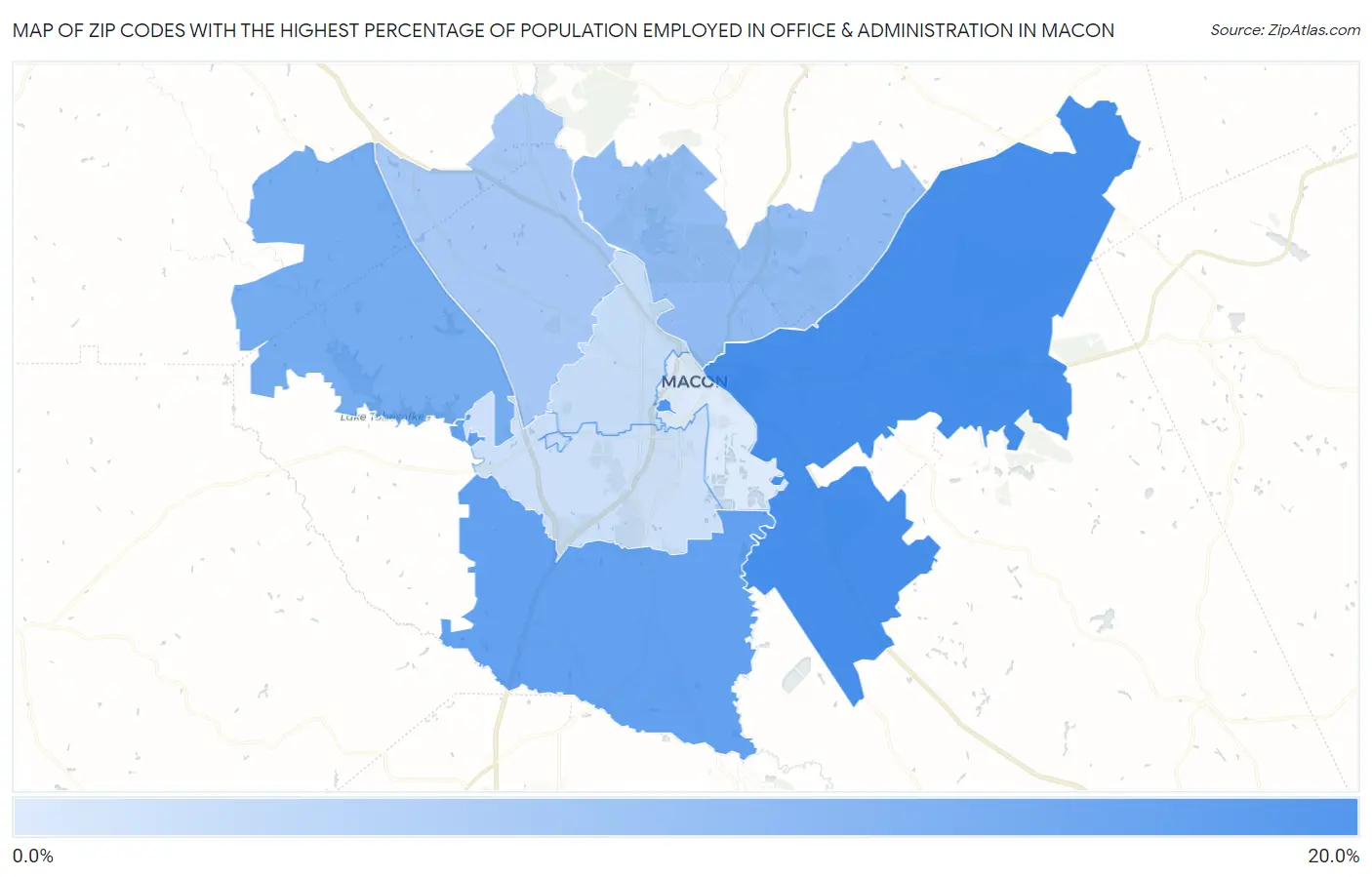 Zip Codes with the Highest Percentage of Population Employed in Office & Administration in Macon Map