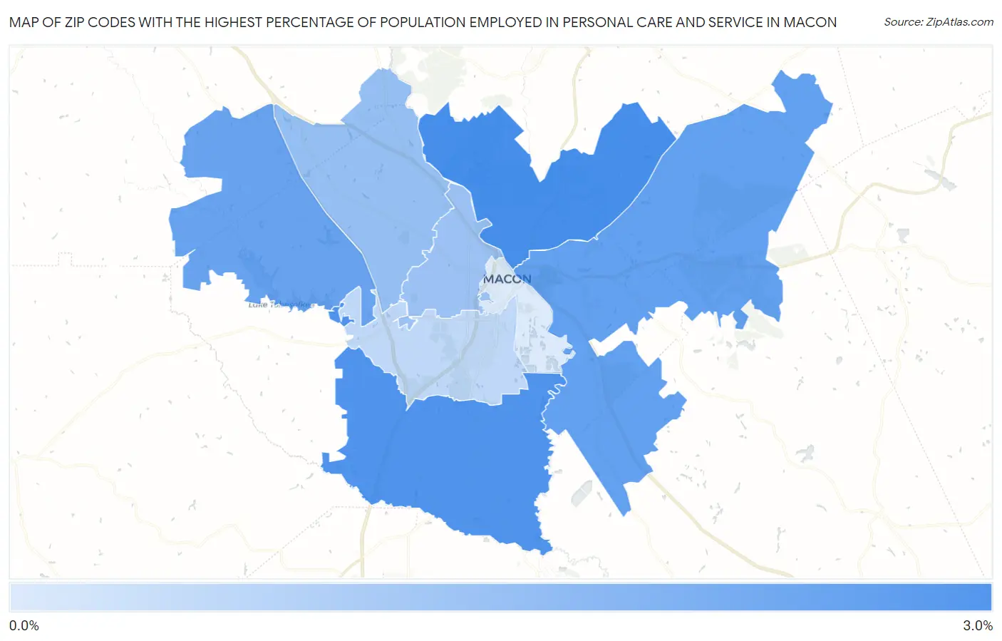 Zip Codes with the Highest Percentage of Population Employed in Personal Care and Service in Macon Map