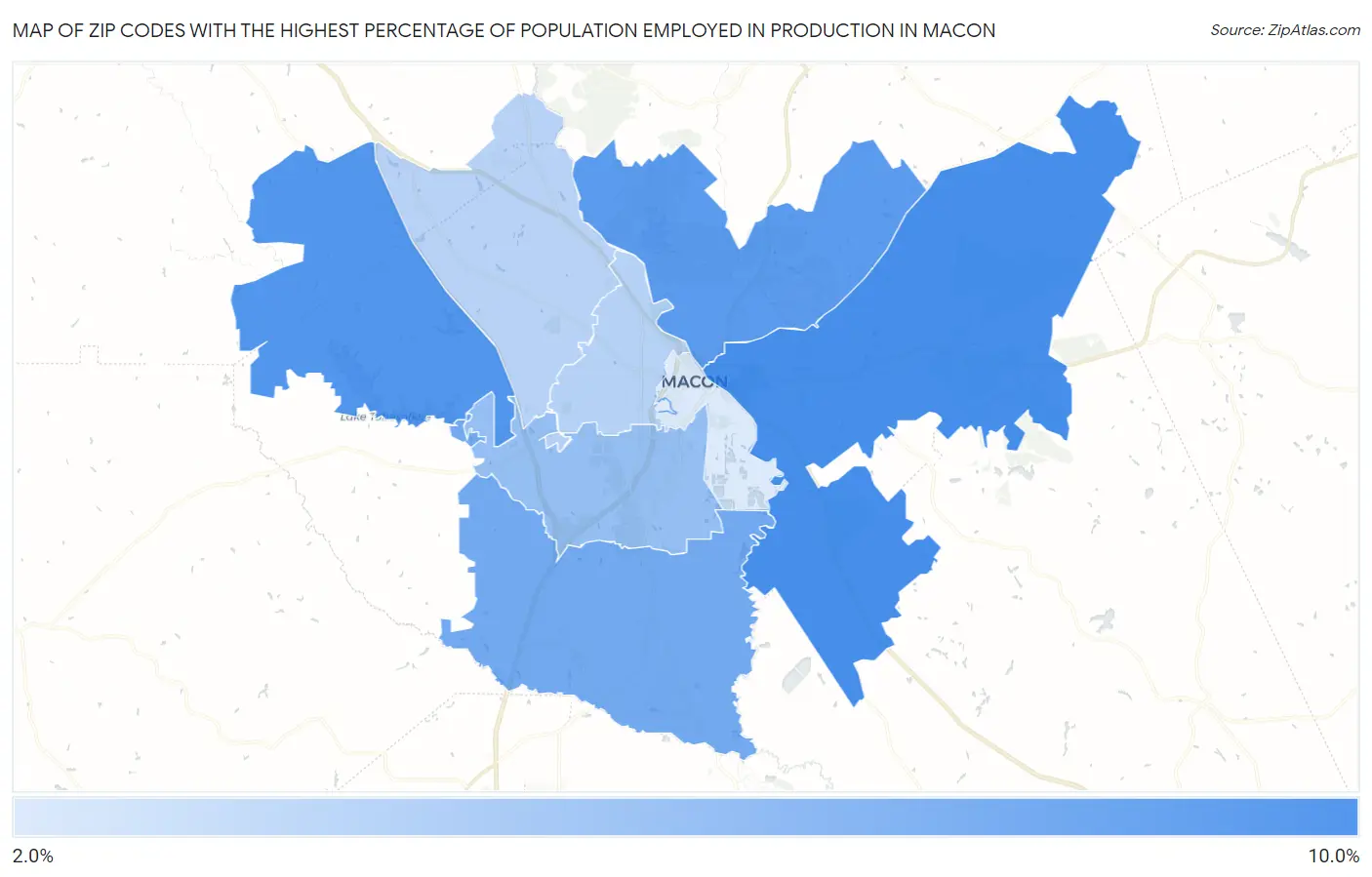 Zip Codes with the Highest Percentage of Population Employed in Production in Macon Map