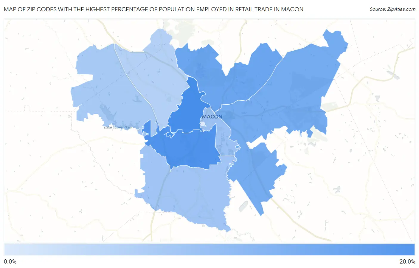 Zip Codes with the Highest Percentage of Population Employed in Retail Trade in Macon Map