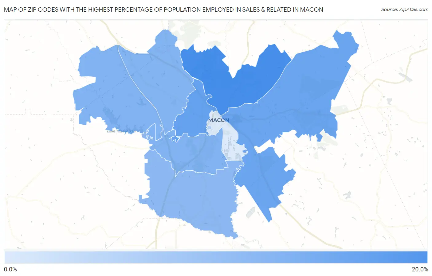 Zip Codes with the Highest Percentage of Population Employed in Sales & Related in Macon Map
