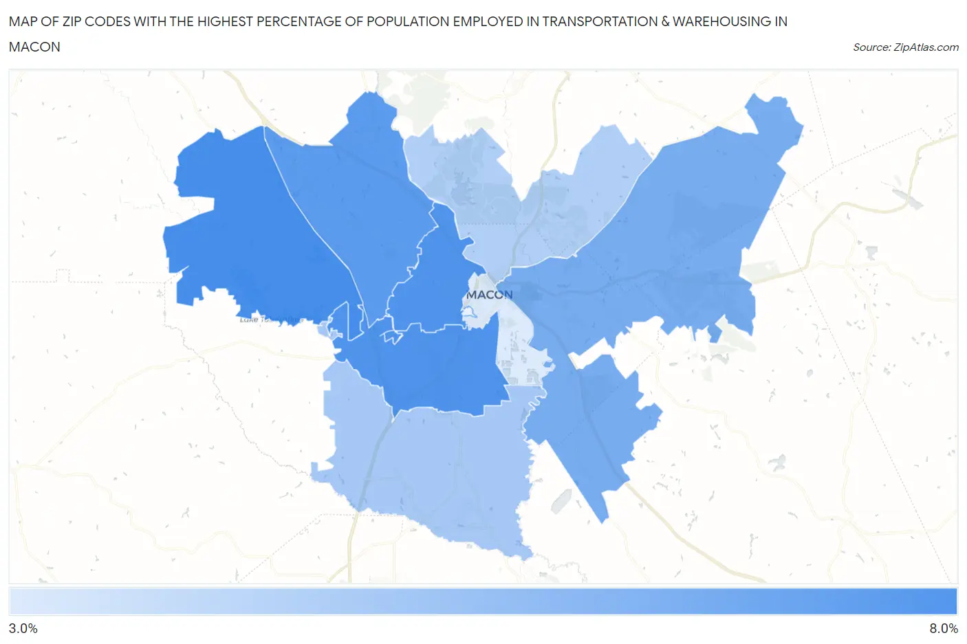 Zip Codes with the Highest Percentage of Population Employed in Transportation & Warehousing in Macon Map