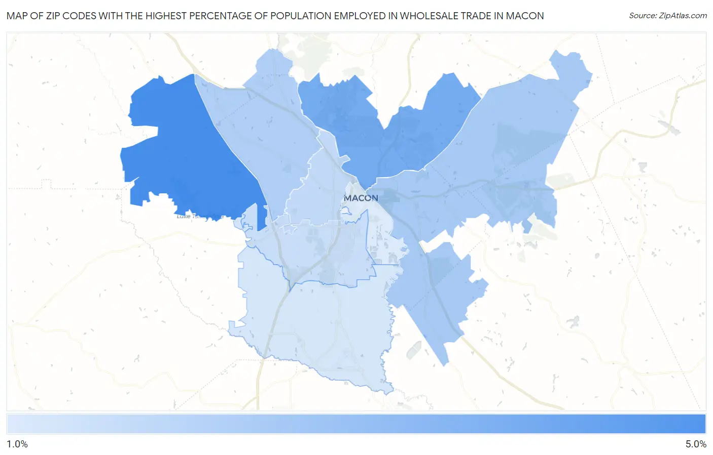 Zip Codes with the Highest Percentage of Population Employed in Wholesale Trade in Macon Map