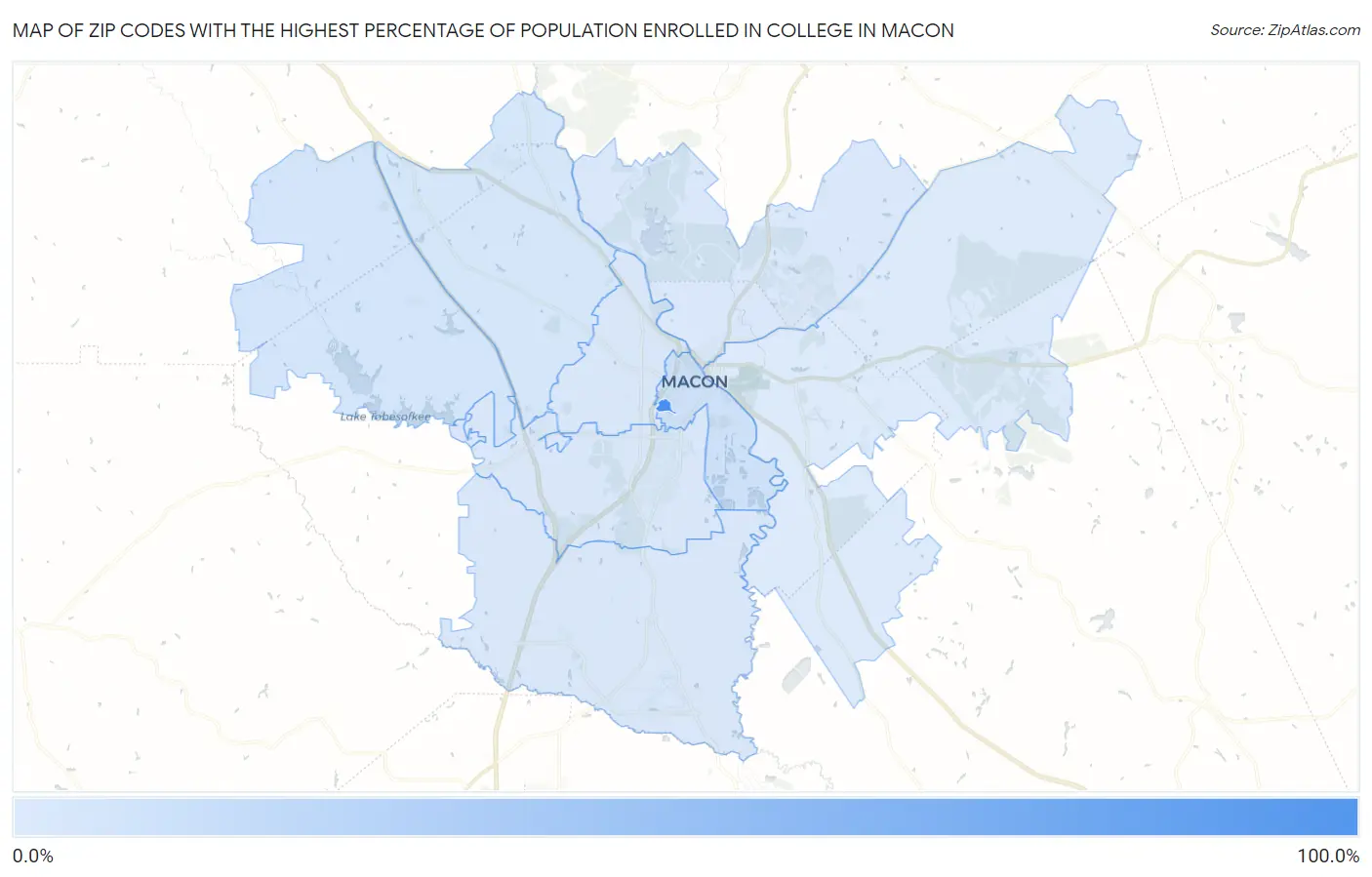 Zip Codes with the Highest Percentage of Population Enrolled in College in Macon Map