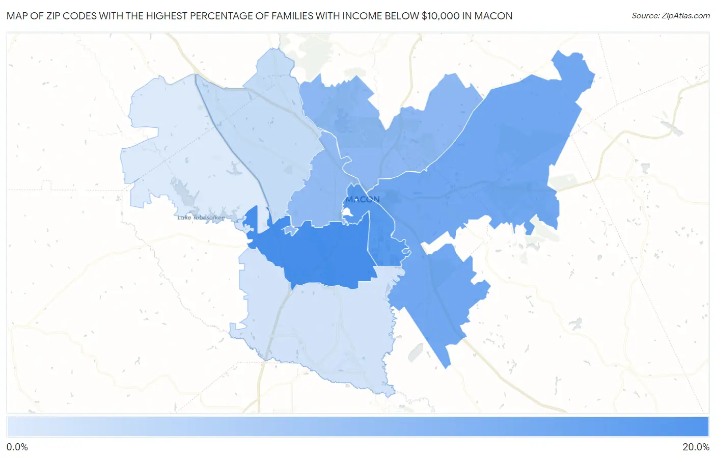 Zip Codes with the Highest Percentage of Families with Income Below $10,000 in Macon Map