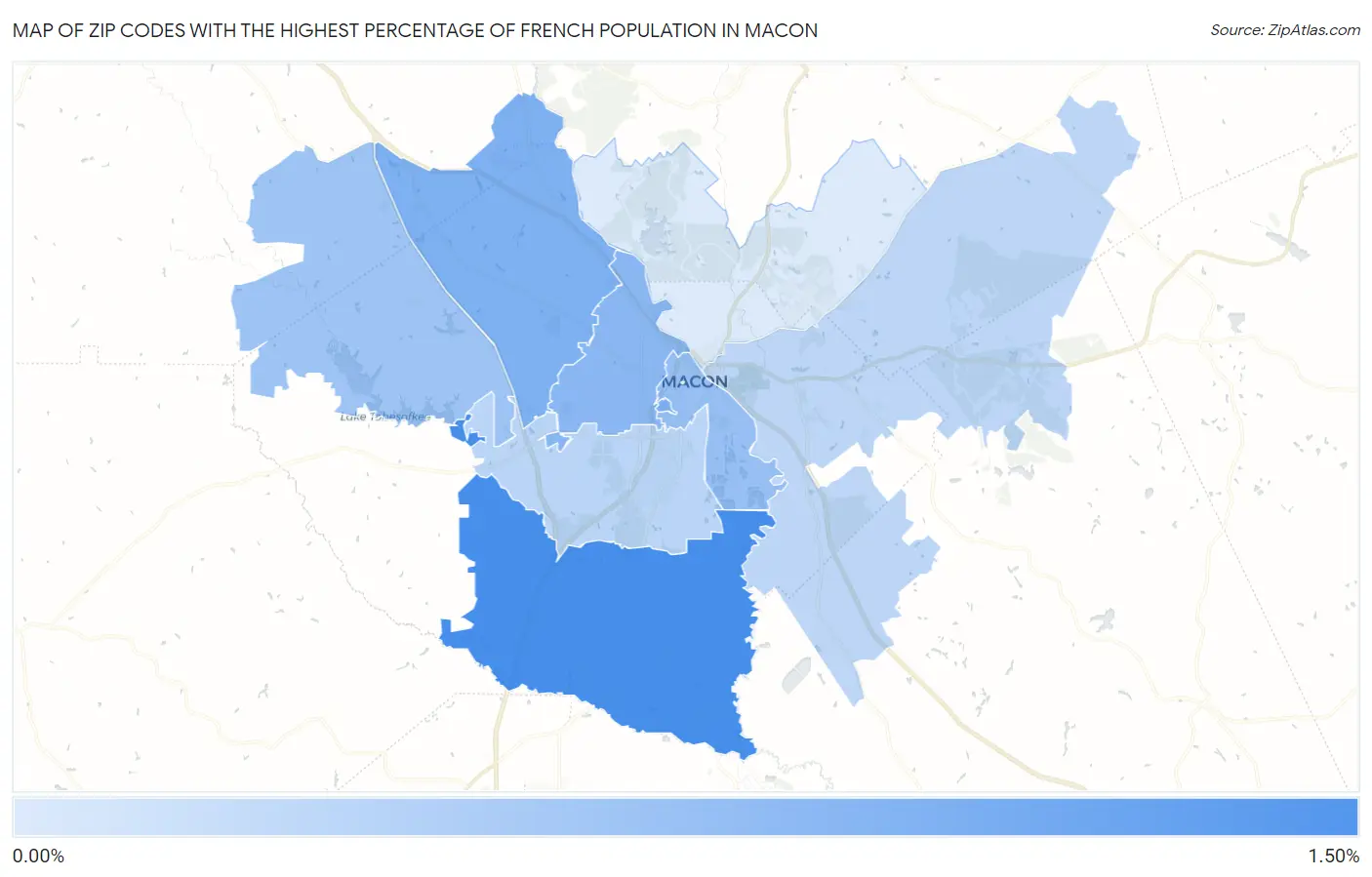 Zip Codes with the Highest Percentage of French Population in Macon Map