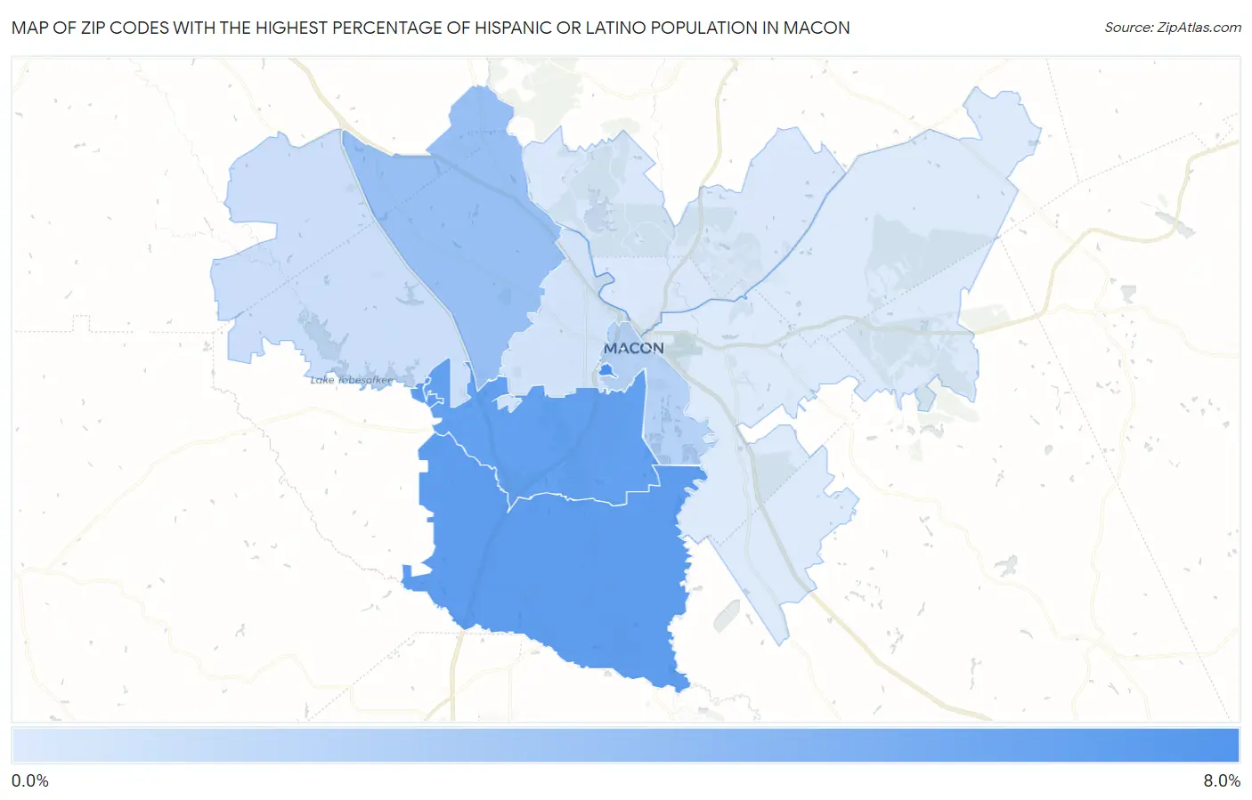Zip Codes with the Highest Percentage of Hispanic or Latino Population in Macon Map