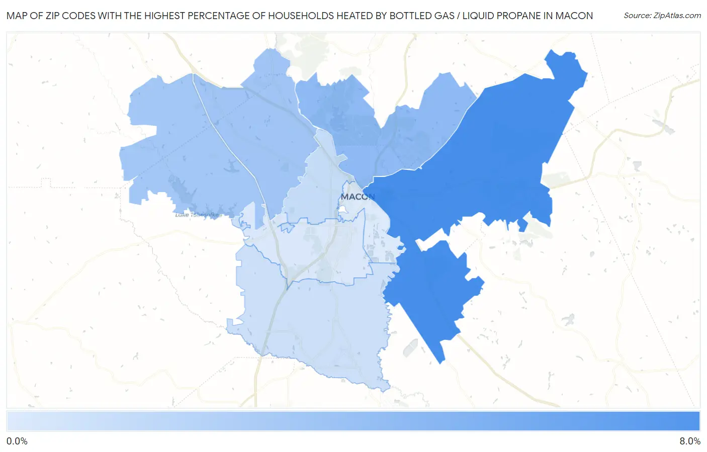 Zip Codes with the Highest Percentage of Households Heated by Bottled Gas / Liquid Propane in Macon Map
