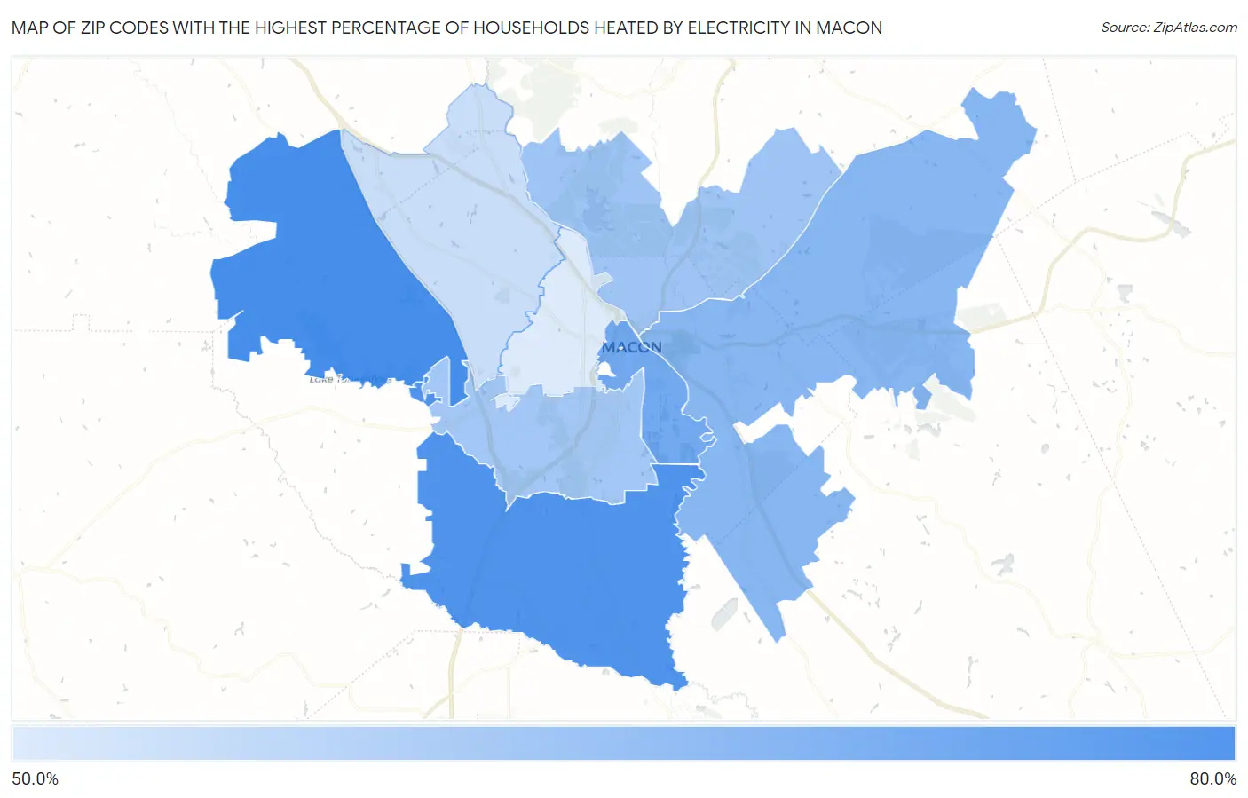 Zip Codes with the Highest Percentage of Households Heated by Electricity in Macon Map