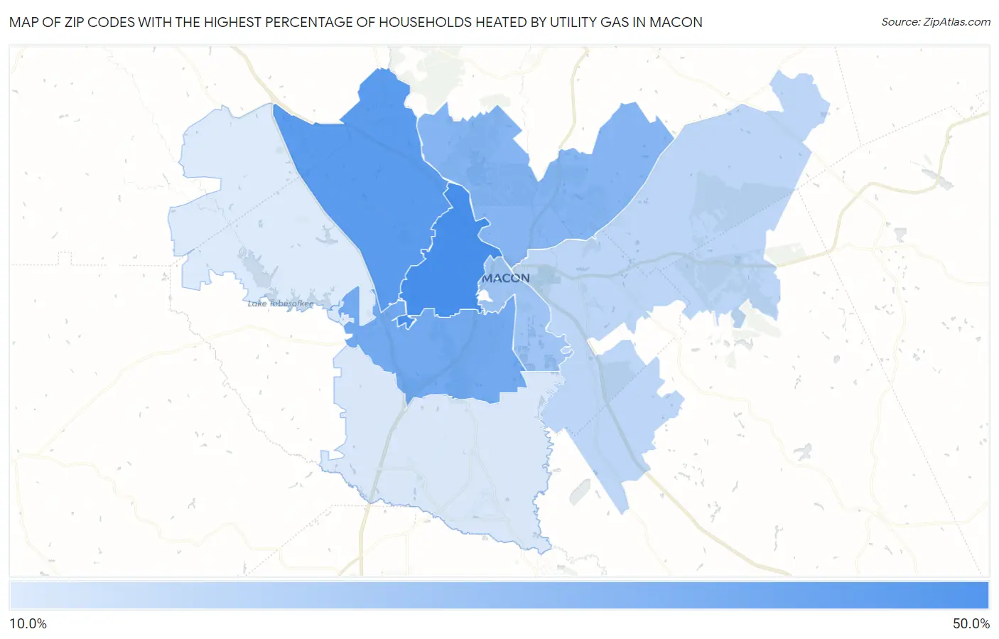 Zip Codes with the Highest Percentage of Households Heated by Utility Gas in Macon Map