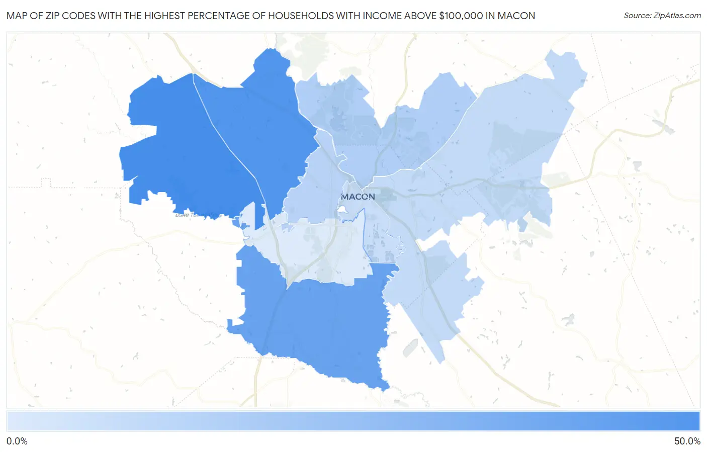 Zip Codes with the Highest Percentage of Households with Income Above $100,000 in Macon Map