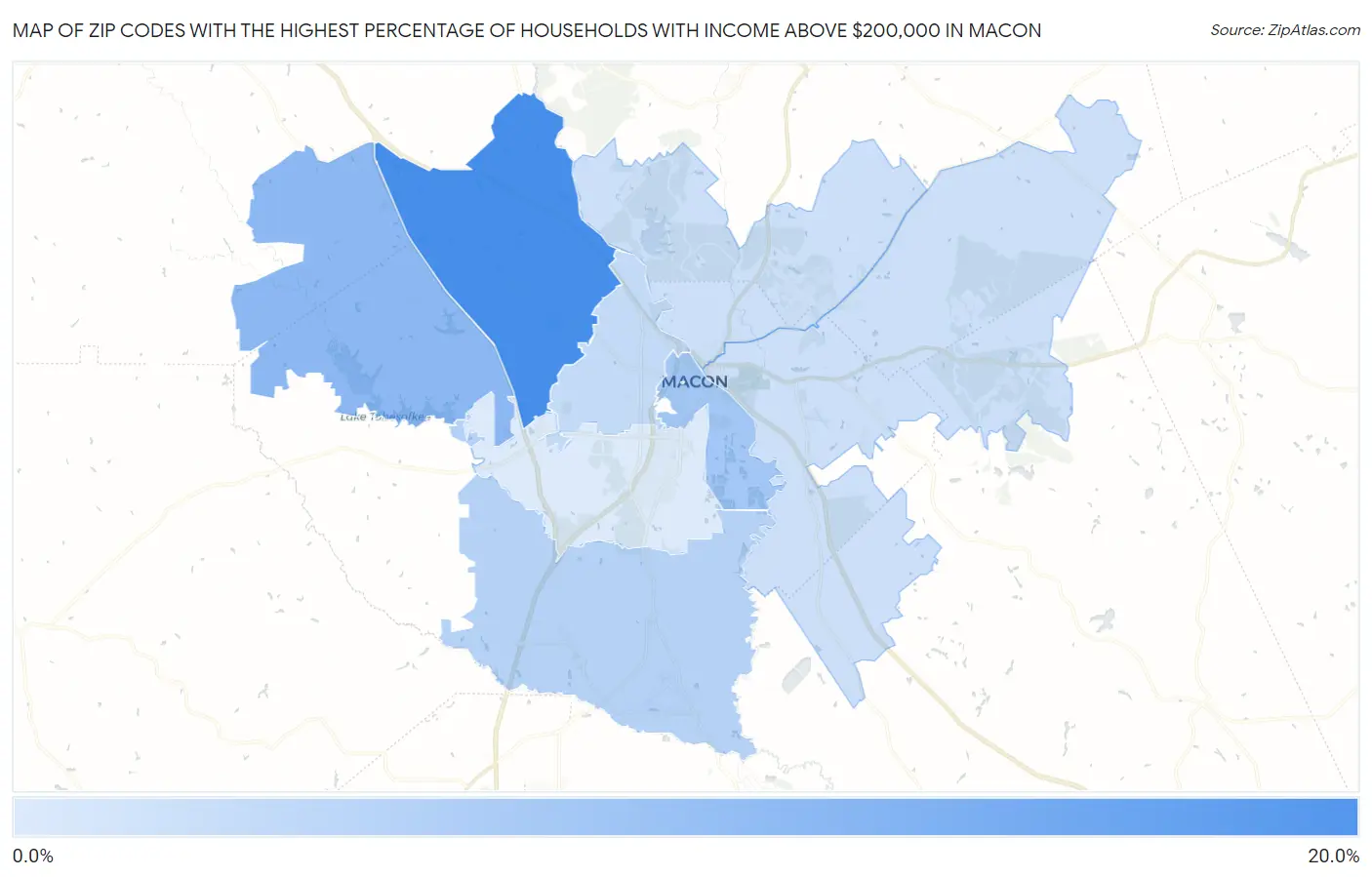 Zip Codes with the Highest Percentage of Households with Income Above $200,000 in Macon Map