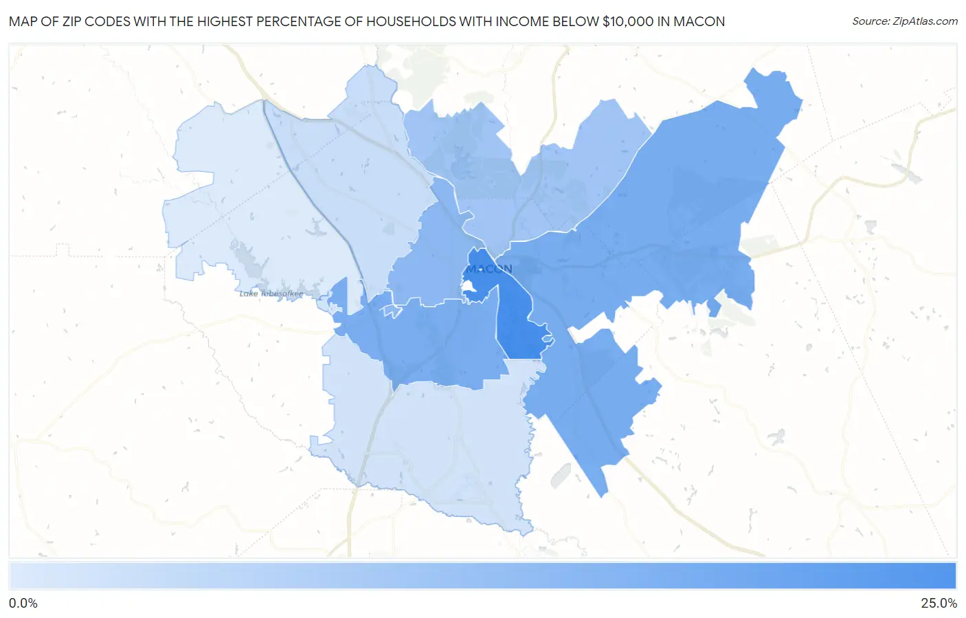 Zip Codes with the Highest Percentage of Households with Income Below $10,000 in Macon Map