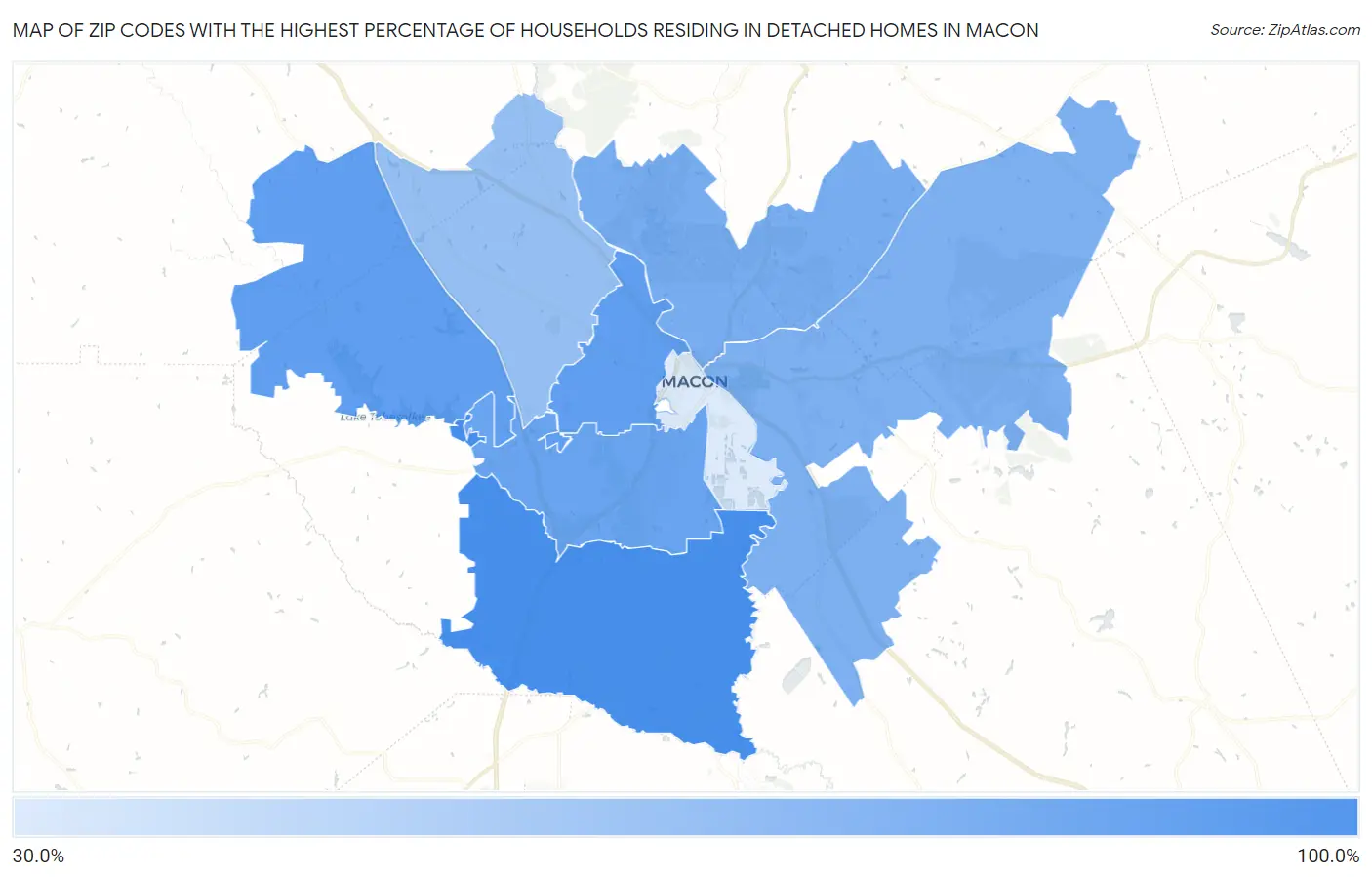 Zip Codes with the Highest Percentage of Households Residing in Detached Homes in Macon Map