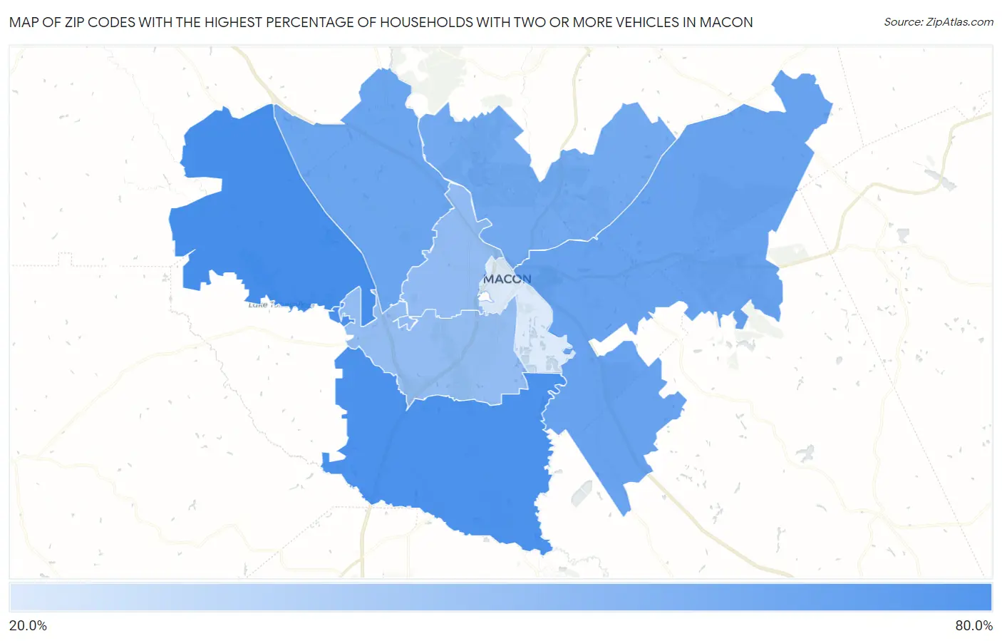Zip Codes with the Highest Percentage of Households With Two or more Vehicles in Macon Map