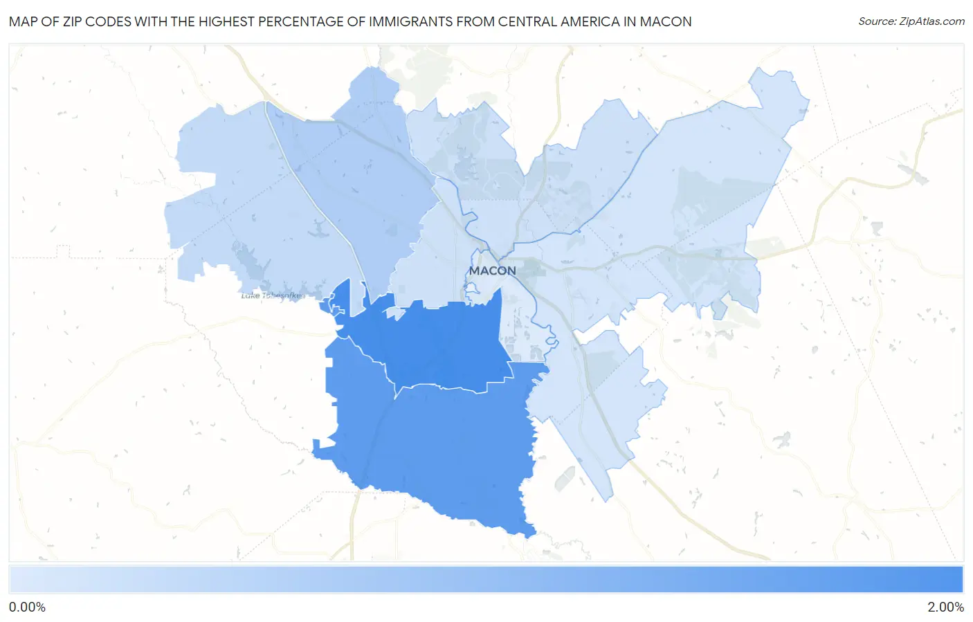 Zip Codes with the Highest Percentage of Immigrants from Central America in Macon Map