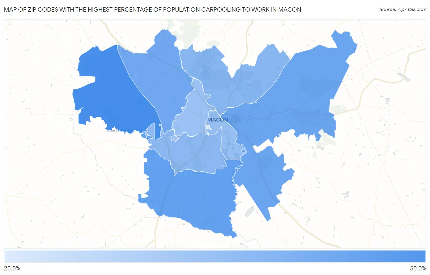 Zip Codes with the Highest Percentage of Population Carpooling to Work in Macon Map