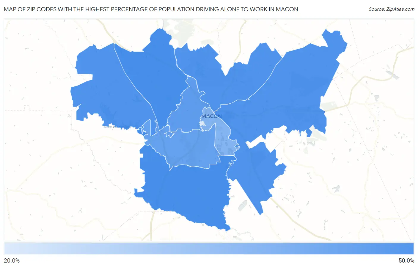 Zip Codes with the Highest Percentage of Population Driving Alone to Work in Macon Map