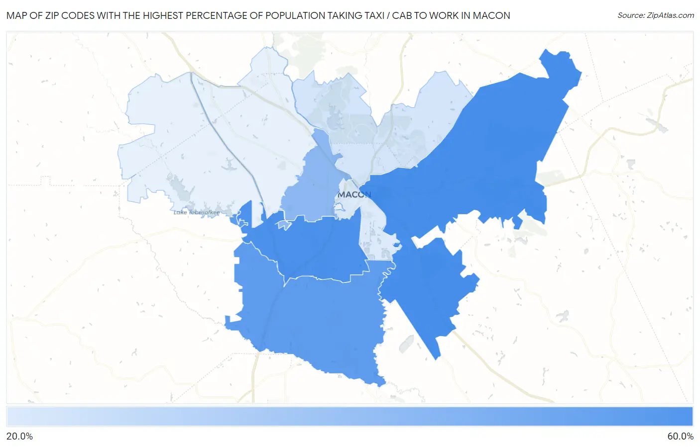 Zip Codes with the Highest Percentage of Population Taking Taxi / Cab to Work in Macon Map