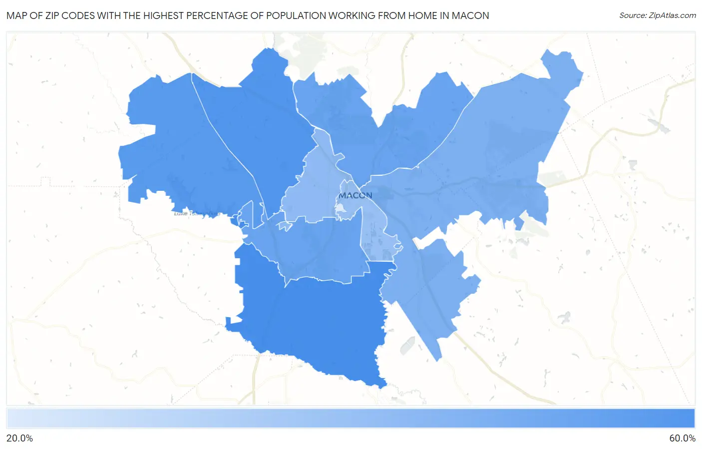 Zip Codes with the Highest Percentage of Population Working from Home in Macon Map