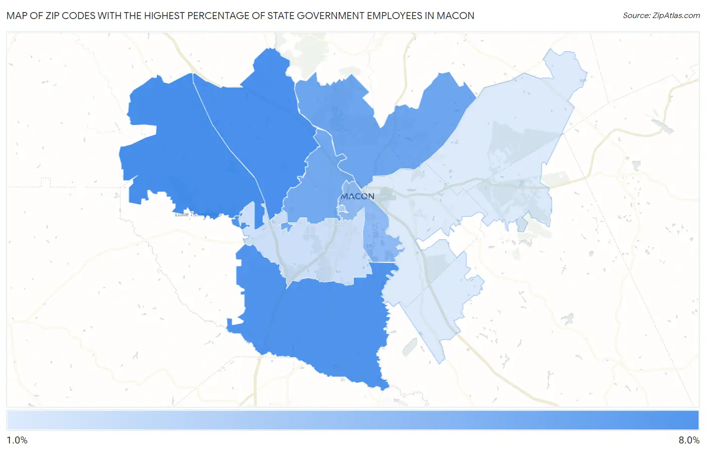 Zip Codes with the Highest Percentage of State Government Employees in Macon Map