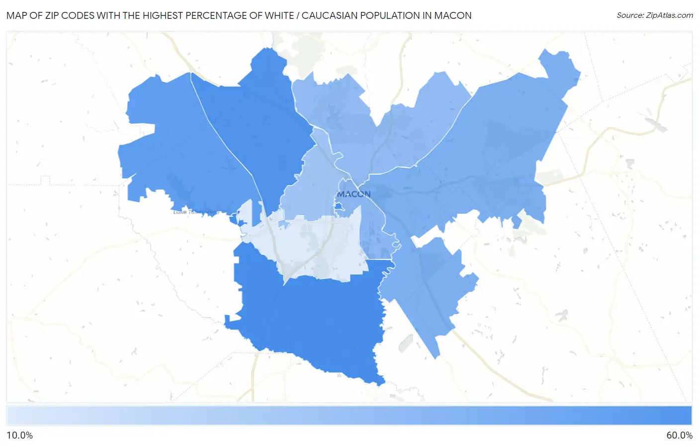 Zip Codes with the Highest Percentage of White / Caucasian Population in Macon Map