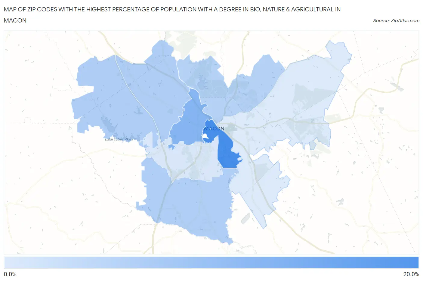 Zip Codes with the Highest Percentage of Population with a Degree in Bio, Nature & Agricultural in Macon Map