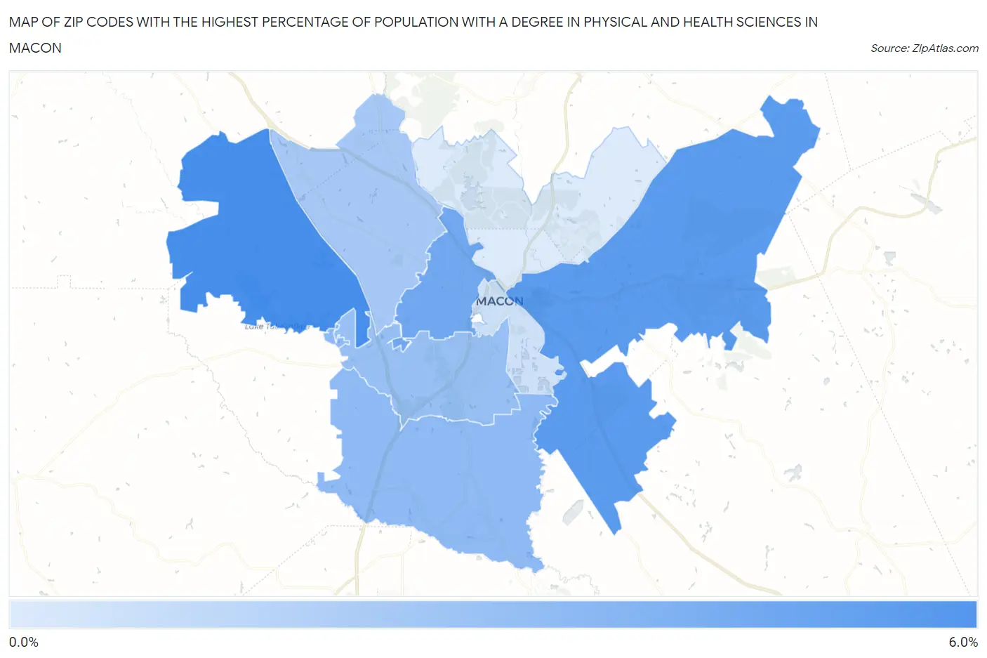 Zip Codes with the Highest Percentage of Population with a Degree in Physical and Health Sciences in Macon Map