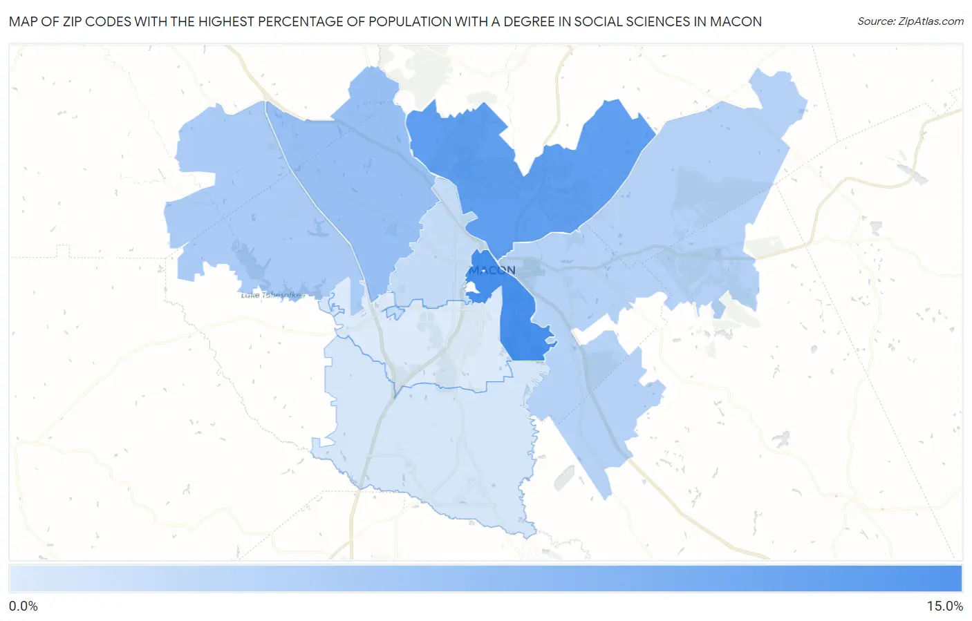 Zip Codes with the Highest Percentage of Population with a Degree in Social Sciences in Macon Map