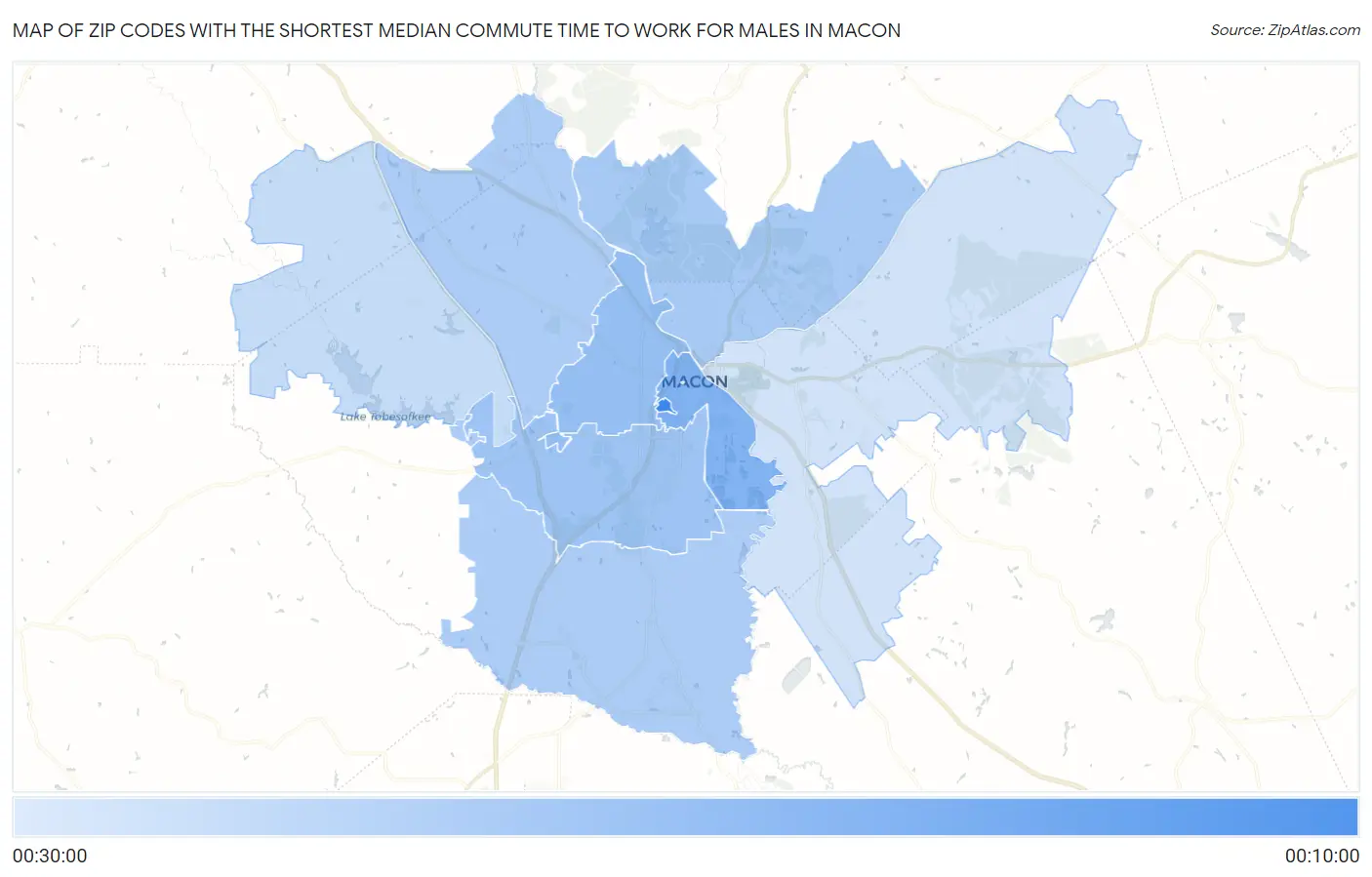 Zip Codes with the Shortest Median Commute Time to Work for Males in Macon Map