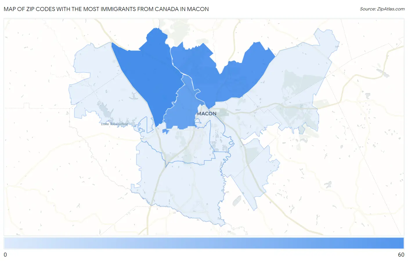 Zip Codes with the Most Immigrants from Canada in Macon Map