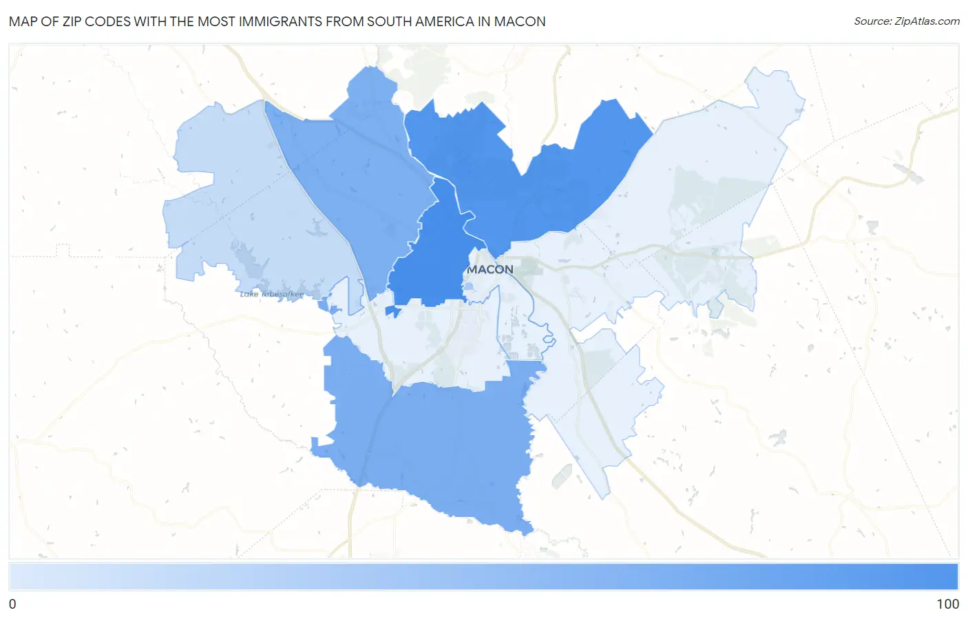 Zip Codes with the Most Immigrants from South America in Macon Map