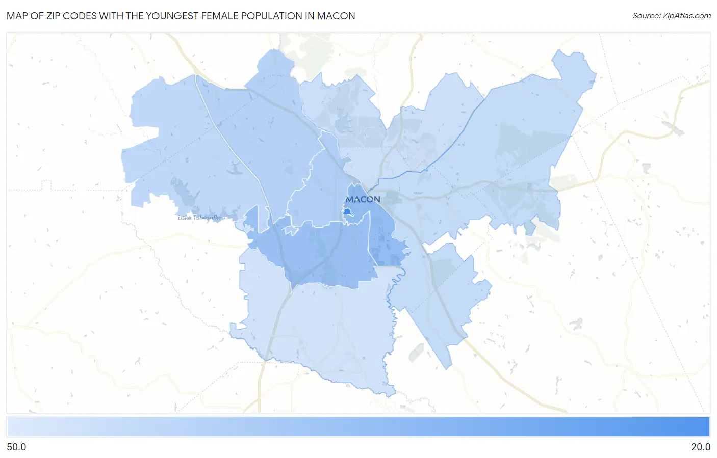 Zip Codes with the Youngest Female Population in Macon Map