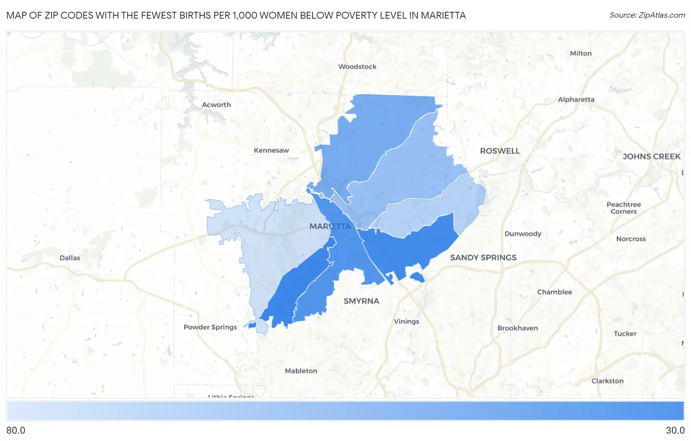 Zip Codes with the Fewest Births per 1,000 Women Below Poverty Level in Marietta Map