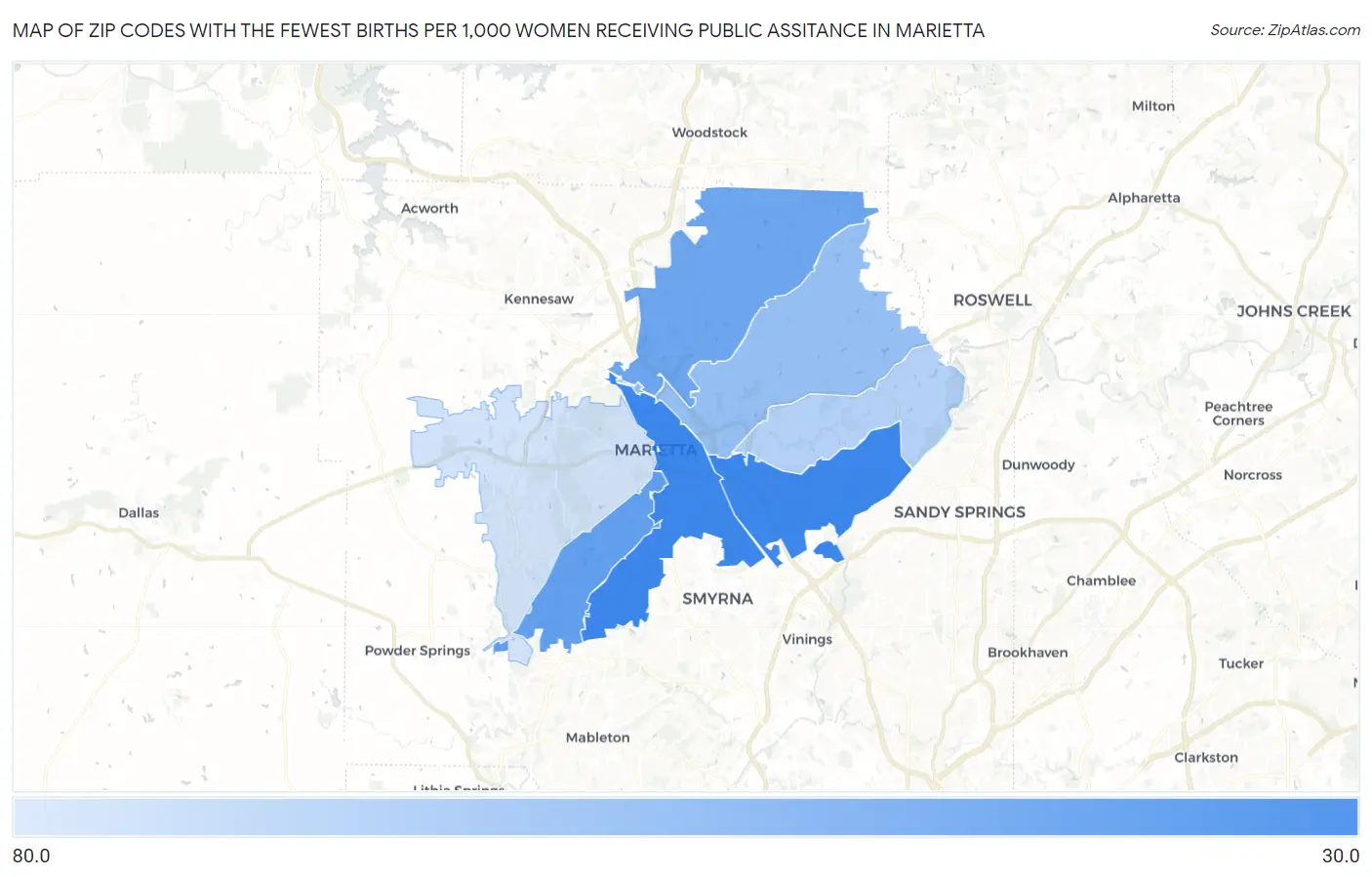 Zip Codes with the Fewest Births per 1,000 Women Receiving Public Assitance in Marietta Map