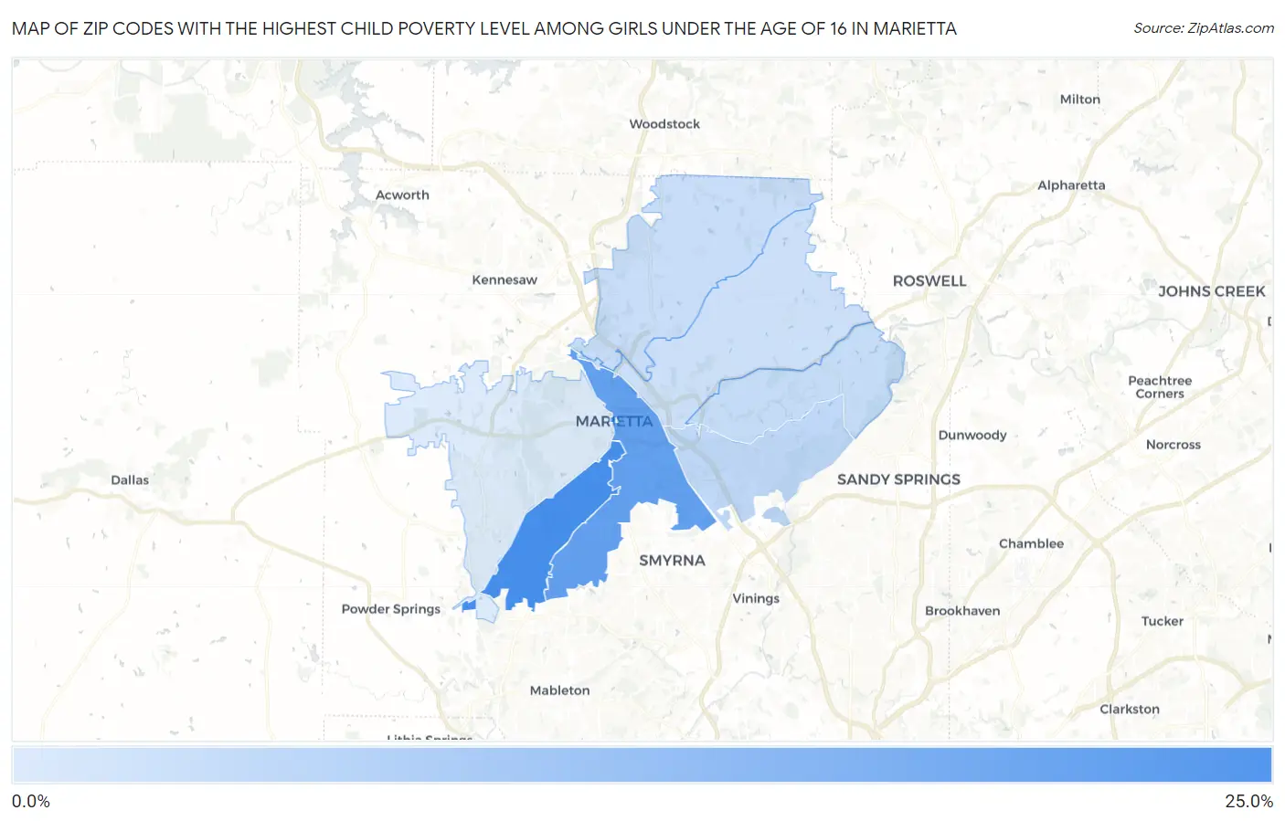 Zip Codes with the Highest Child Poverty Level Among Girls Under the Age of 16 in Marietta Map