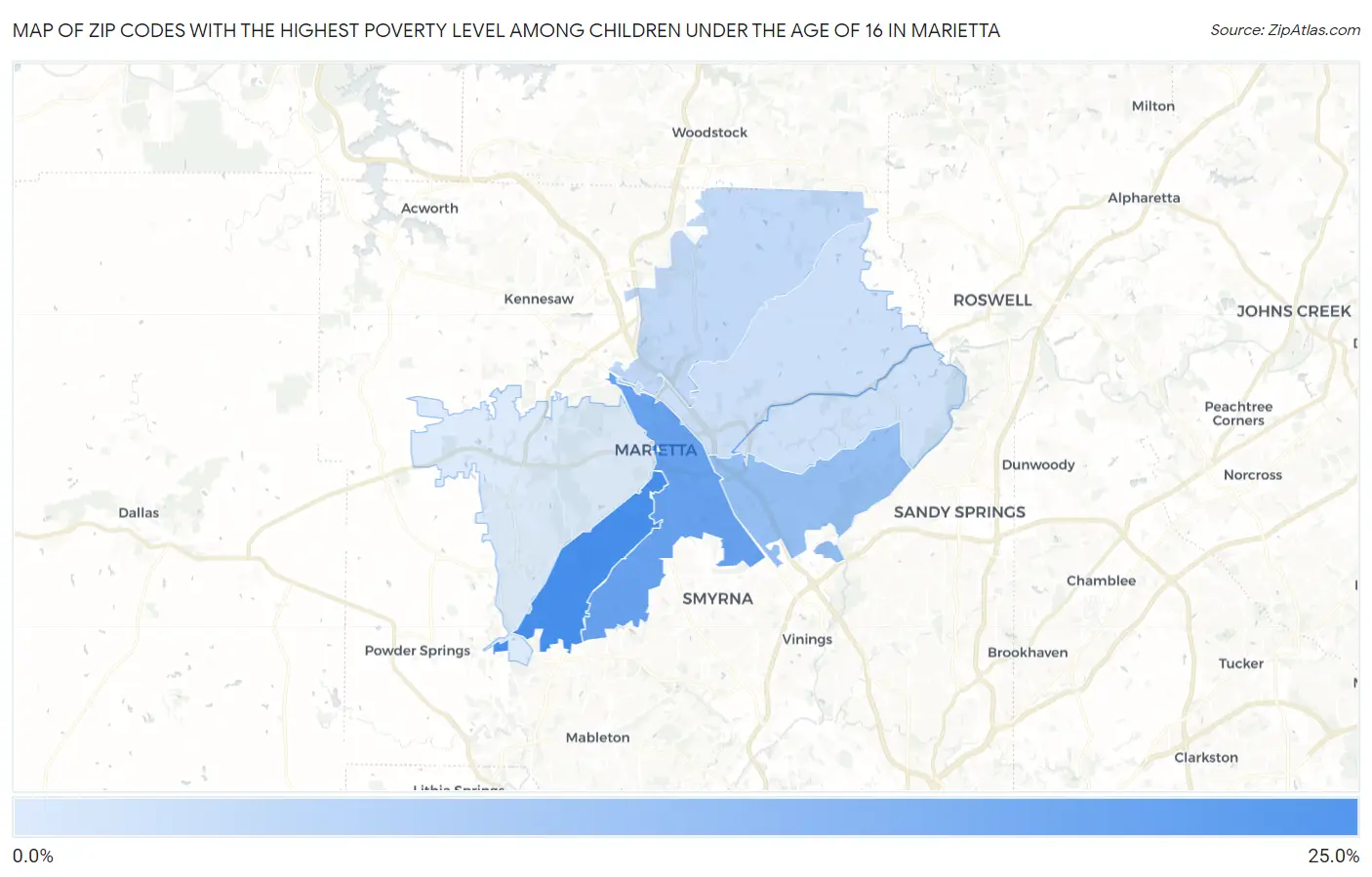 Zip Codes with the Highest Poverty Level Among Children Under the Age of 16 in Marietta Map