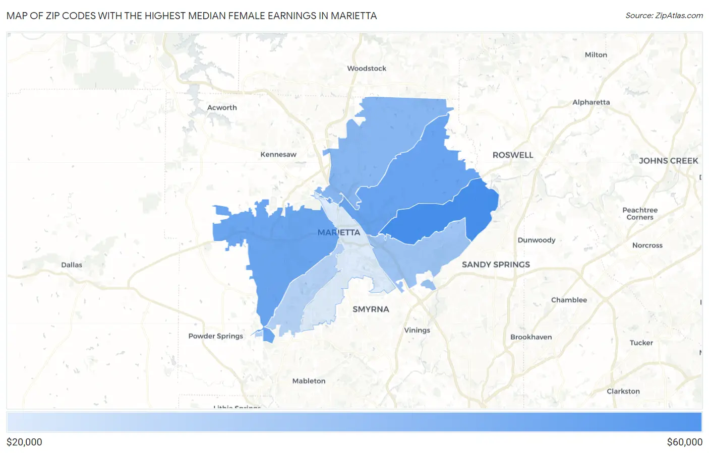 Zip Codes with the Highest Median Female Earnings in Marietta Map